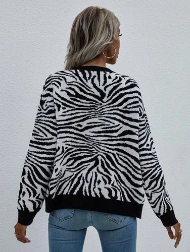 Zebra Pattern Knitted Cardigan Striped Sweater Women Autumn