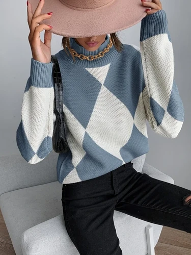 Mock Neck Argyle Pattern Drop Shoulder Sweater