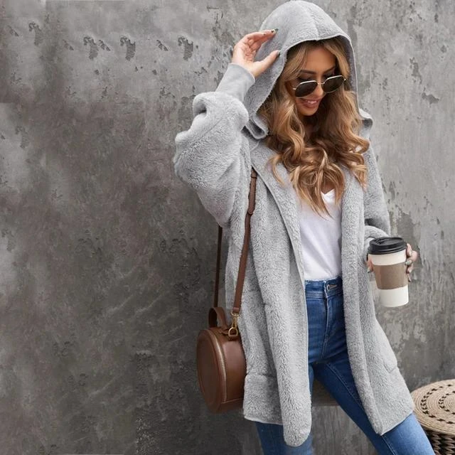 Women's Long Fur Coat Hooded Jacket Open Front Loose Faux Fur Jacket Lapel Thick