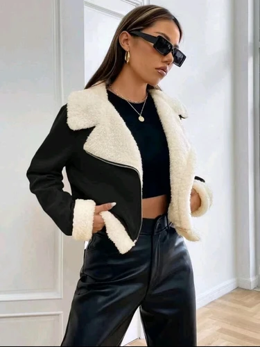 Moto jacket with open front teddy print