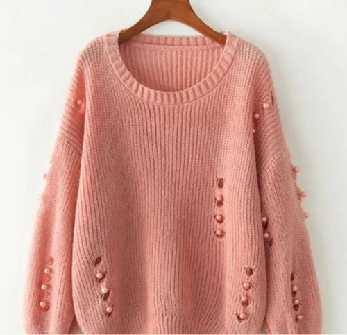 Autumn Women Thin Knitted Sweater Beaded Hollow Hole Sexy Loose O Neck Long Slee