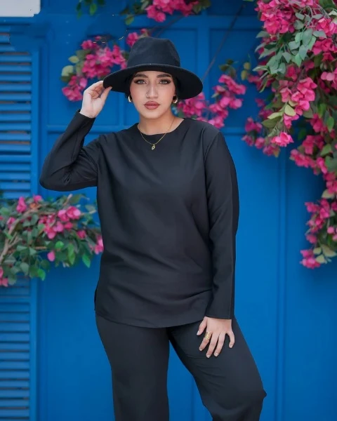 بلوزة بيسك بأكمام لون اسود