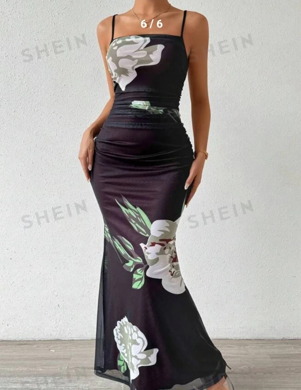 SHEIN Privé Women's Flower Print Pleated Cami Dress