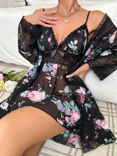 Floral print contrast lace belted robe and cami dress pajama set