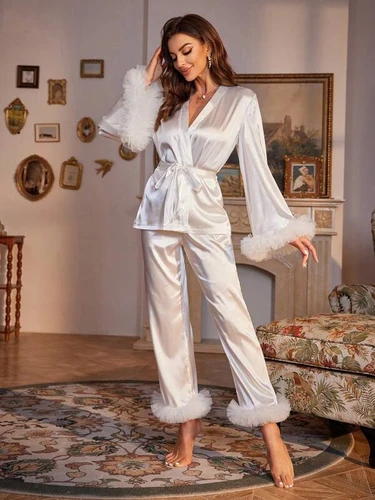 Striped mesh satin belt pajama set