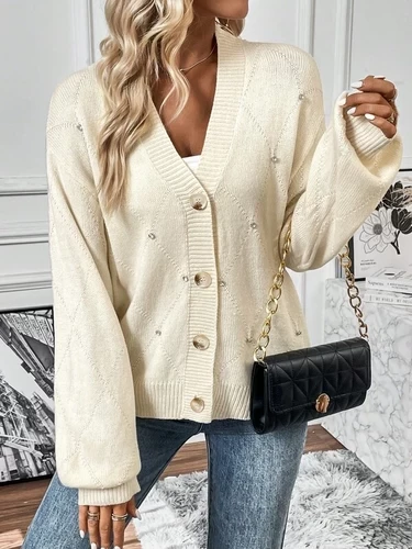 Low-shoulder rhinestone beaded cardigan