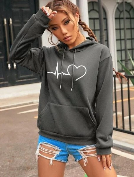 Printed kangaroo pocket hoodie with drawstring