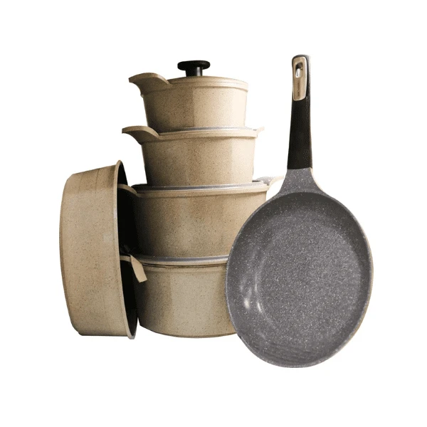 طقم حلل جيرانيت مضلع 10 قطعة بيج – نيوفلام