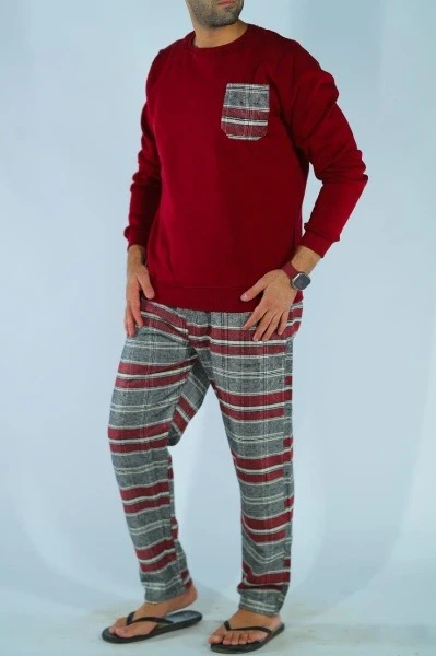 بيجامة رجالي  كاروه بأكمام طويلة ورقبة مستديرة وبنطلون طويل