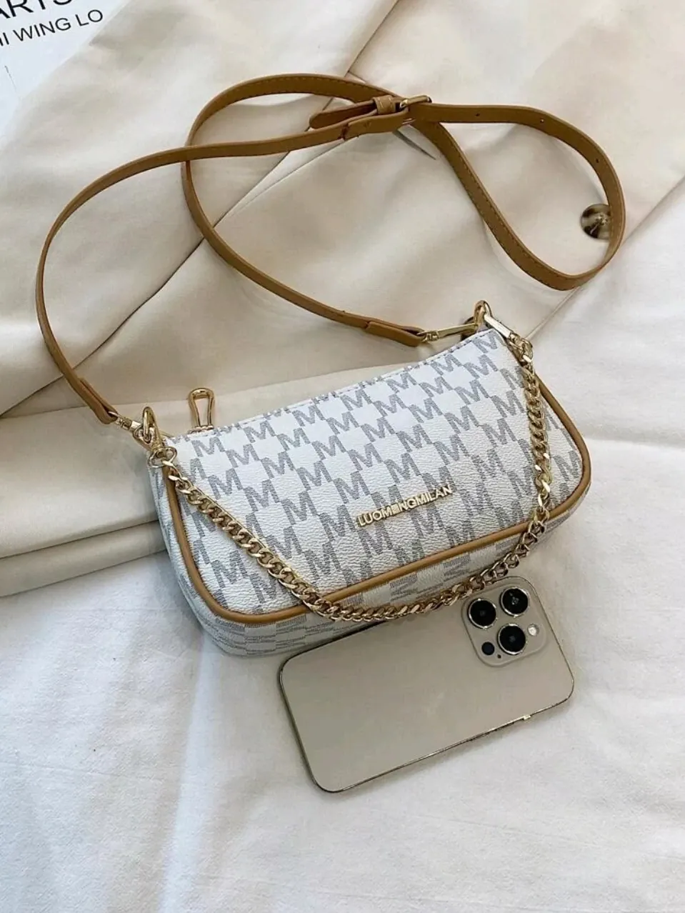 Small Letter Graphic Chain Baguette Bag PU Mini Vintage Geometric Print Bag Retr