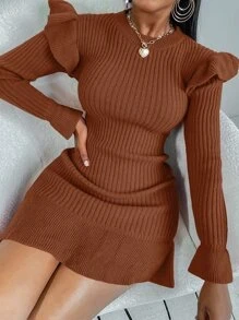 Ruffle-striped tight wool dress