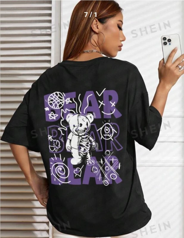 SHEIN EZwear Cartoon & Letter Graphic Drop Shoulder Tee