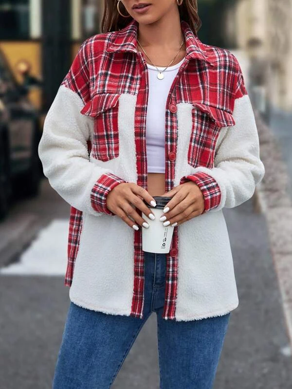 Contrast print square teddy coat with low shoulders and flap pocket