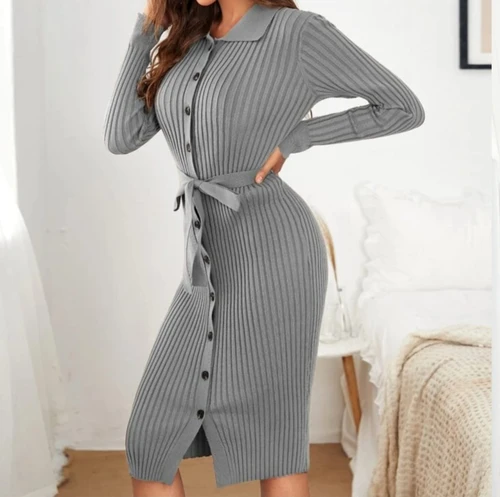 Button Front Belted Sweater Dress