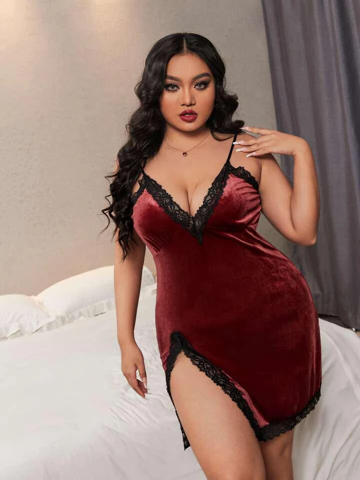 Velvet nightgown with contrasting lace trim and edges and a thigh slit
