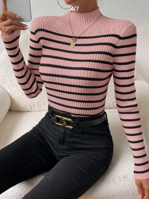 SHEIN Essnce Striped Pattern Mock Neck Sweater
