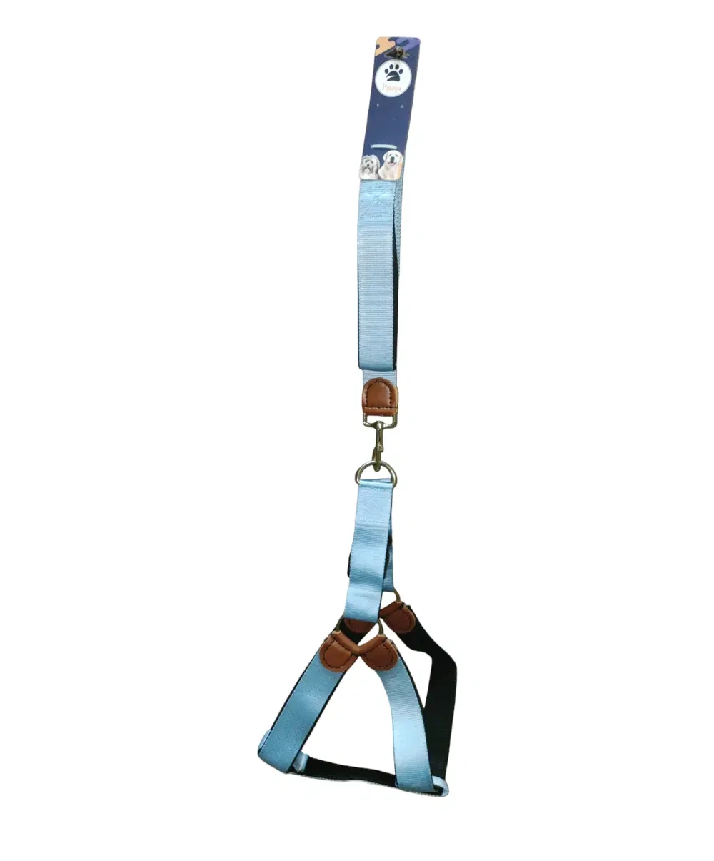 Light blue lined nylon harness and leash set, medium size for dogs