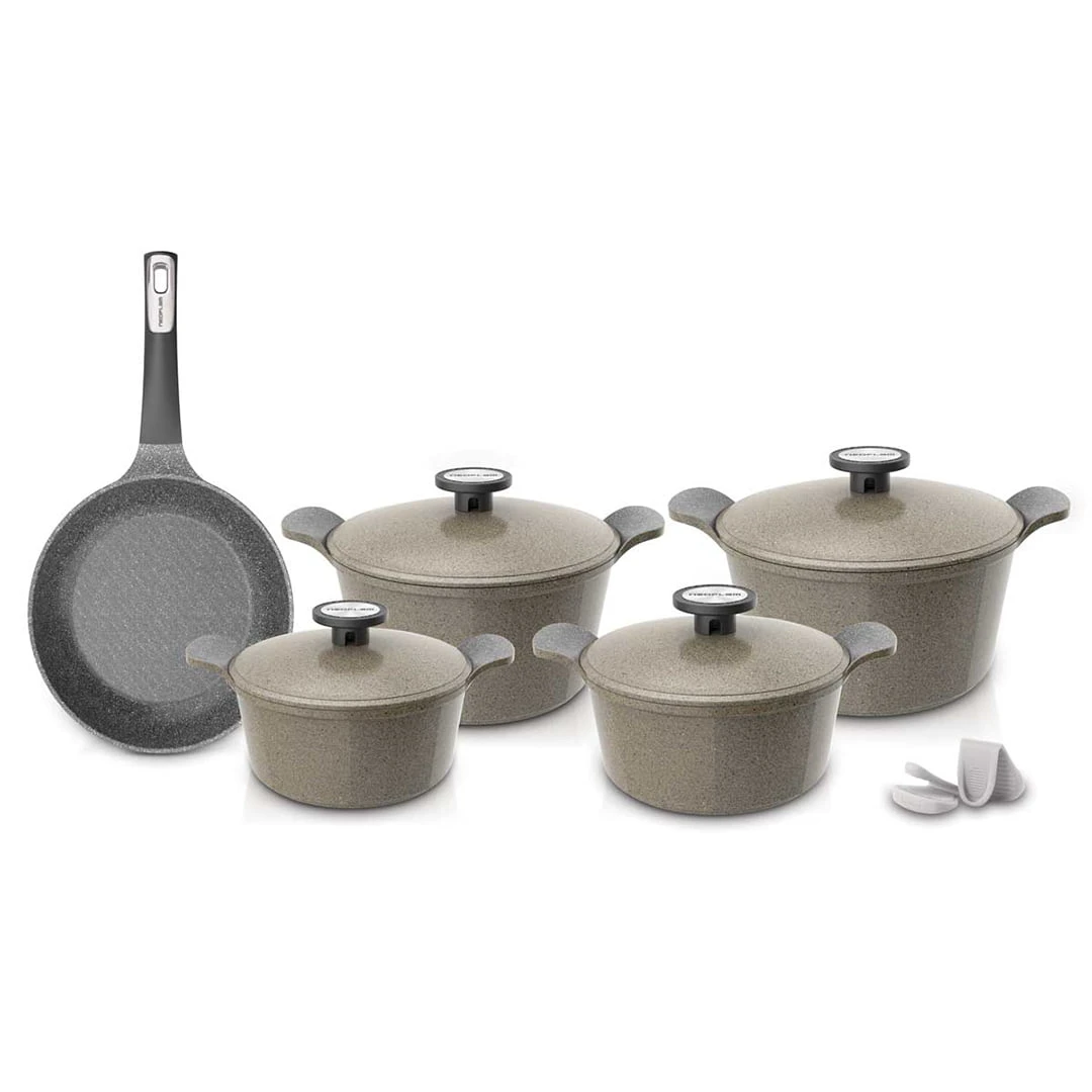 طقم حلل جيرانيت مضلع 9 قطعة بيج – نيوفلام