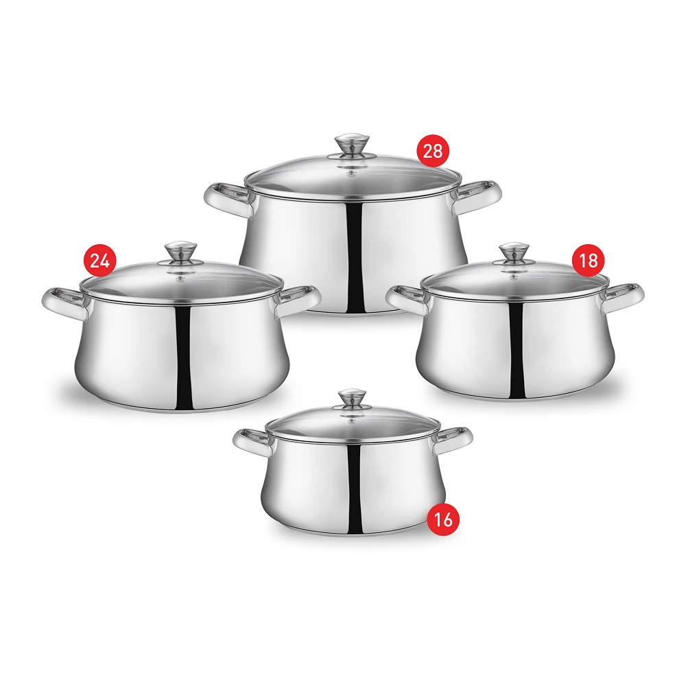 طقم حلل زهران ستانلس ستيل بغطاء زجاج - مقاس 16،18،24،28