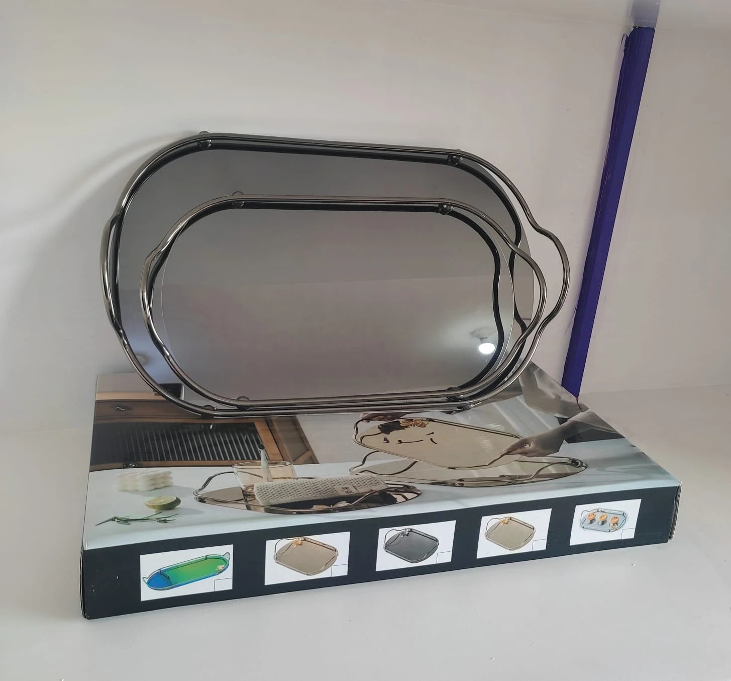 طقم صوانى استانلس ستيل مرايا 2 قطعه بيضاوي