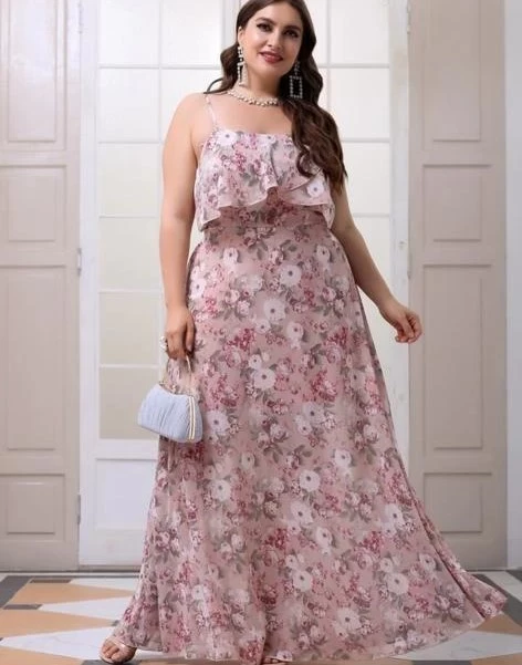 Plus size floral print ruffled striped cami dress