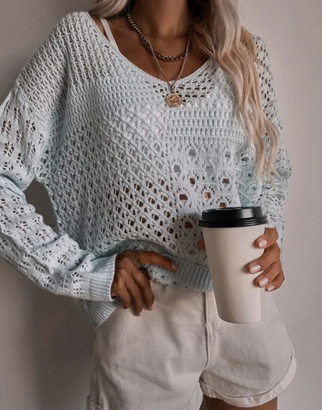 Cozy Boho Light Blue Off Shoulder Knit Sweater Top