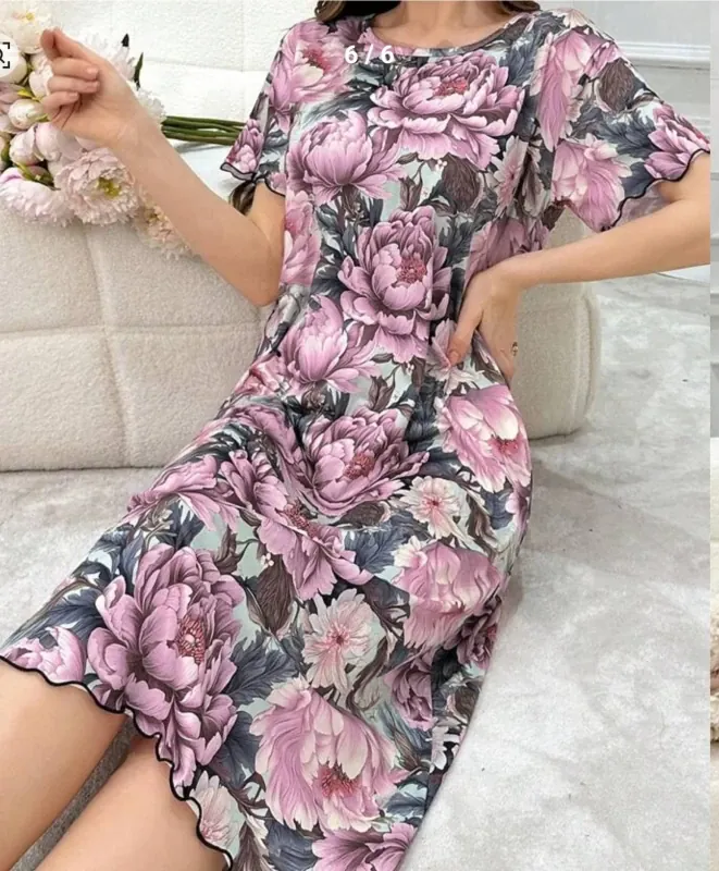 Women Floral Print Long Pajama Night Dress