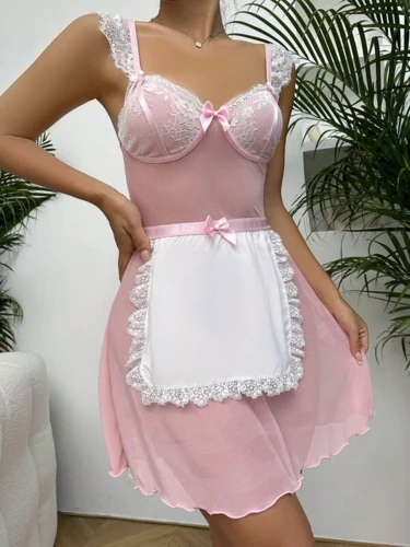 Two-tone lace night dress with butterfly knot and mesh front