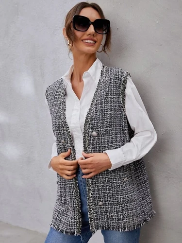 Chest coat with button details, open front, striped with raw material