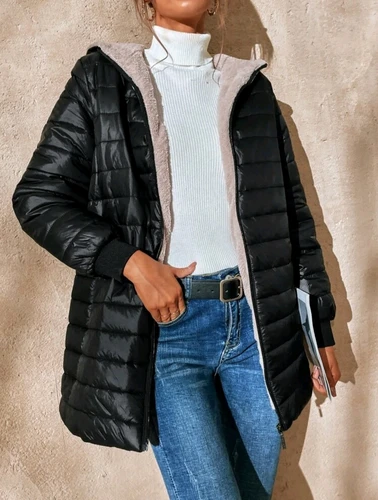 Teddy print hooded zip-up puffer coat