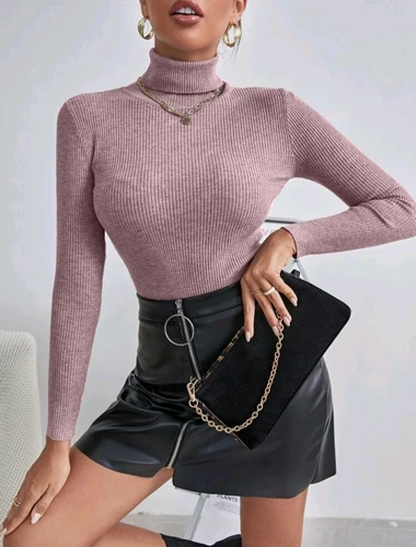 : Solid color wool sweater with ribbed knit high neck