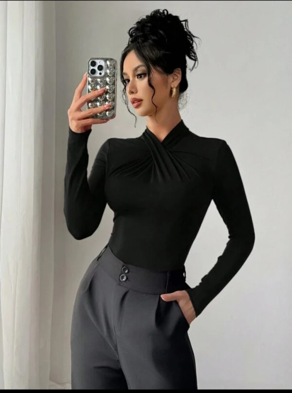 Firerie Women’s Sexy Black Twisted Neck Long Sleeve Bodysuit Blouse Top