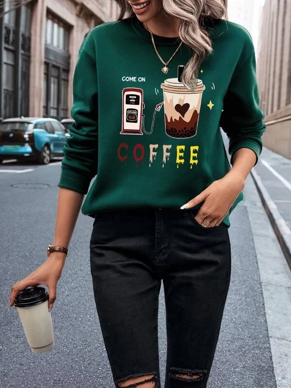 SHEIN LUNE Coffee & Letter Graphic Thermal Lined Sweatshirt