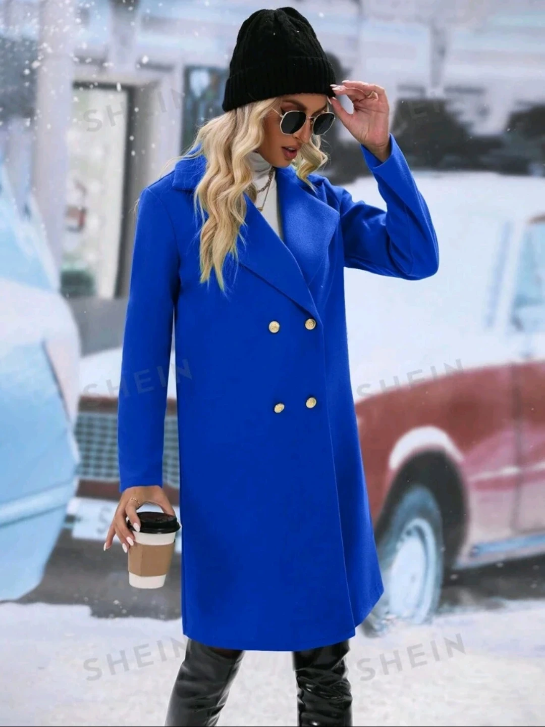 SHEIN Relaxiva Double-breasted Woolen Coat With Turn-down Collar