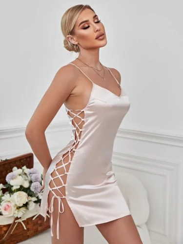 Satin dress with straps and side ties