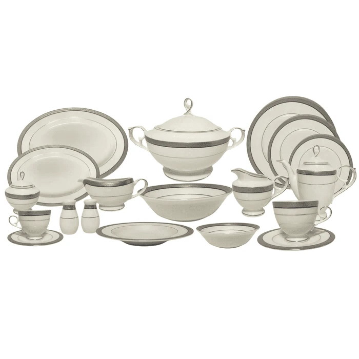 ‎رويال ألفريدو طقم سفرة بورسلين – 112 قطعة أوف وايت وفضى MO-005P