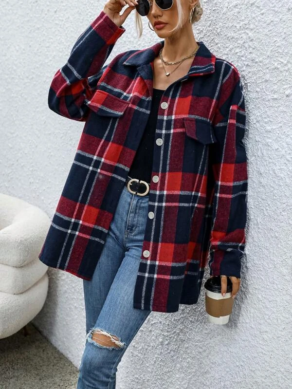 Low-shoulder check print coat with flap details