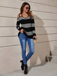 Two Tone Cold Shoulder Sweater